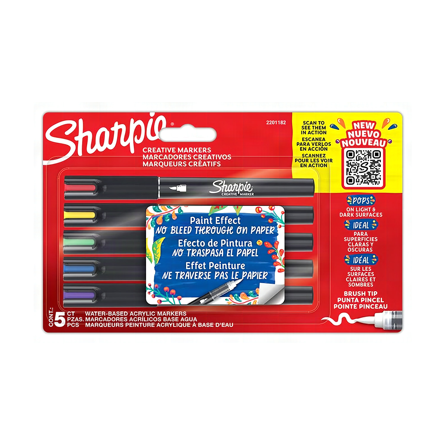 Sharpie akrilik markör fırça uçlu 5'li blister paket görünümü