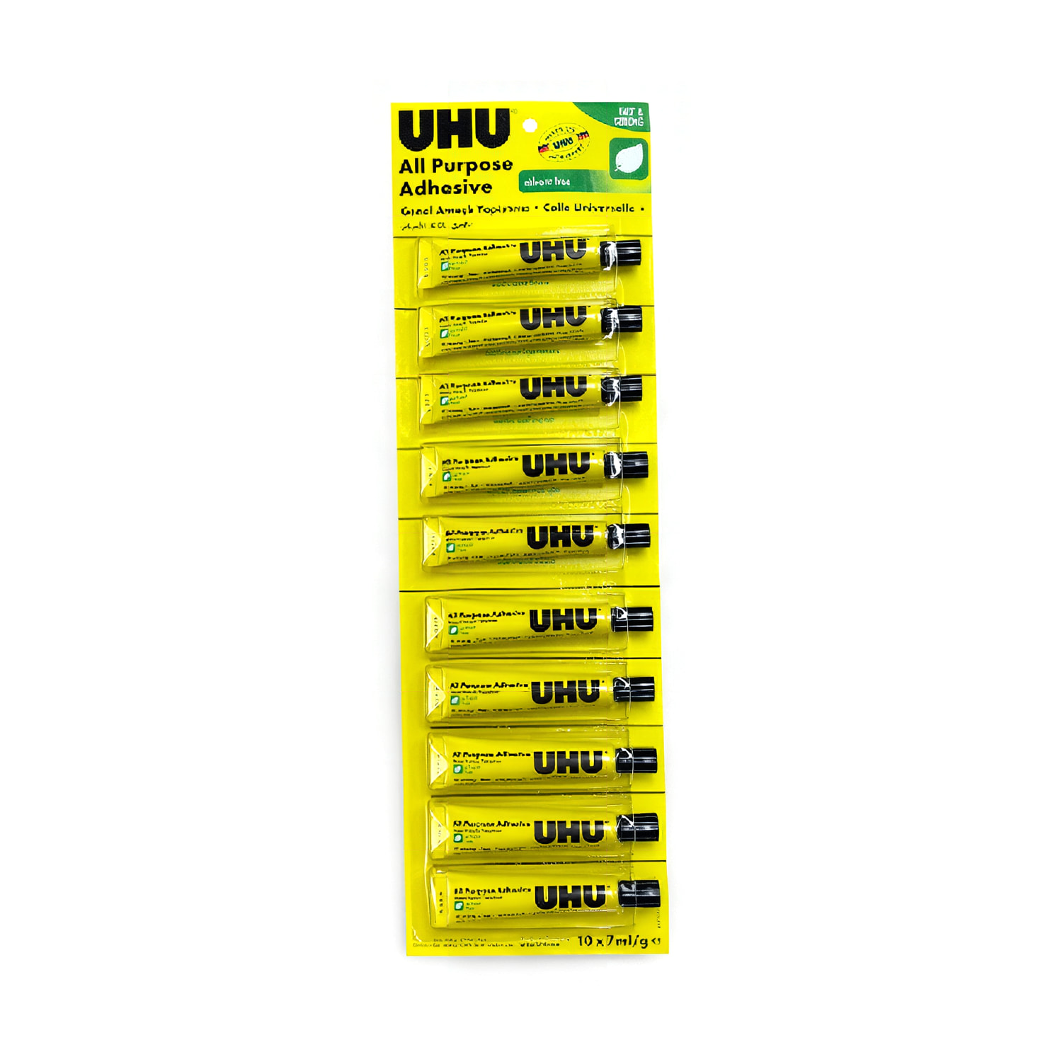 Uhu 7ml solventsiz yapıştırıcı kartela ve tüp görünümü burada